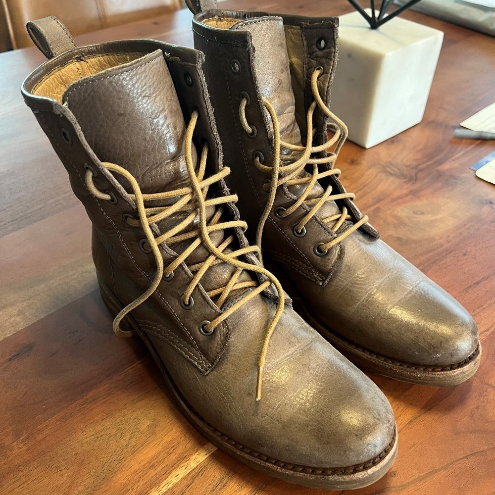 Frye Veronica Taupe Leather Combat Lace-Up Ankle Boots - Size 8